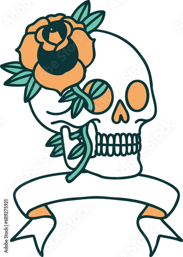 traditional tattoo with banner of a skull and rose
