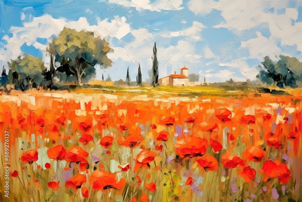 Landscape with a field of flowering red poppies. Oil painting in impressionism style.