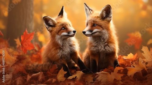 A pair of red foxes playing in a field of autumn leaves. © Fahad