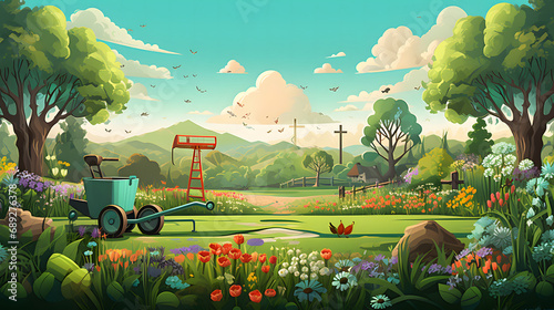 spring landscape with garden tools vector illestration.
