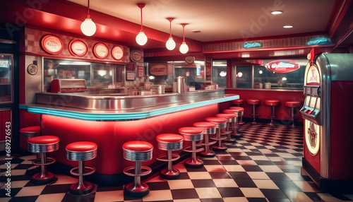 A retro style diner kitchen complete with checkered floors, red vinyl bar stools, and a jukebox playing classic tunes, exuding nostalgic vibes ai generative