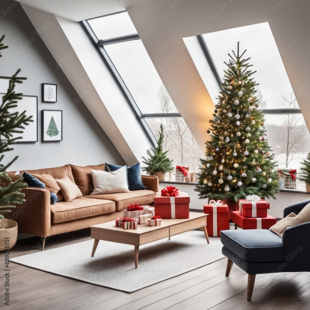 Fototapeta premium Modern Living Room Interior With Christmas Tree, Gift Boxes, Sofa And coffee table.