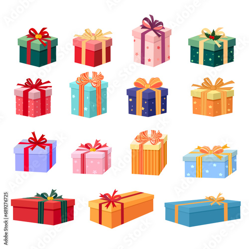 Collection of gift boxes on white background, colorful wrapped Christmas, birthday and valentines presents. Vector set of beautiful gift box, winter holiday icons cartoon illustration