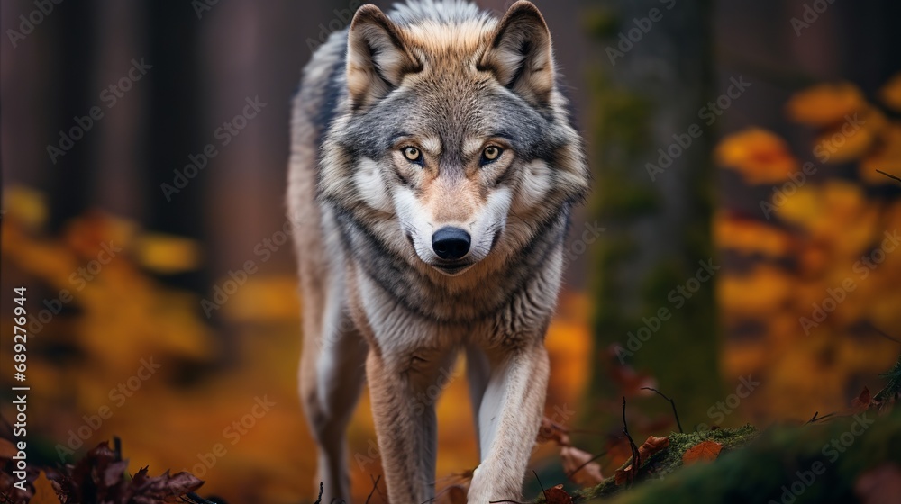 Fototapeta premium A wolf is perched in the woods.