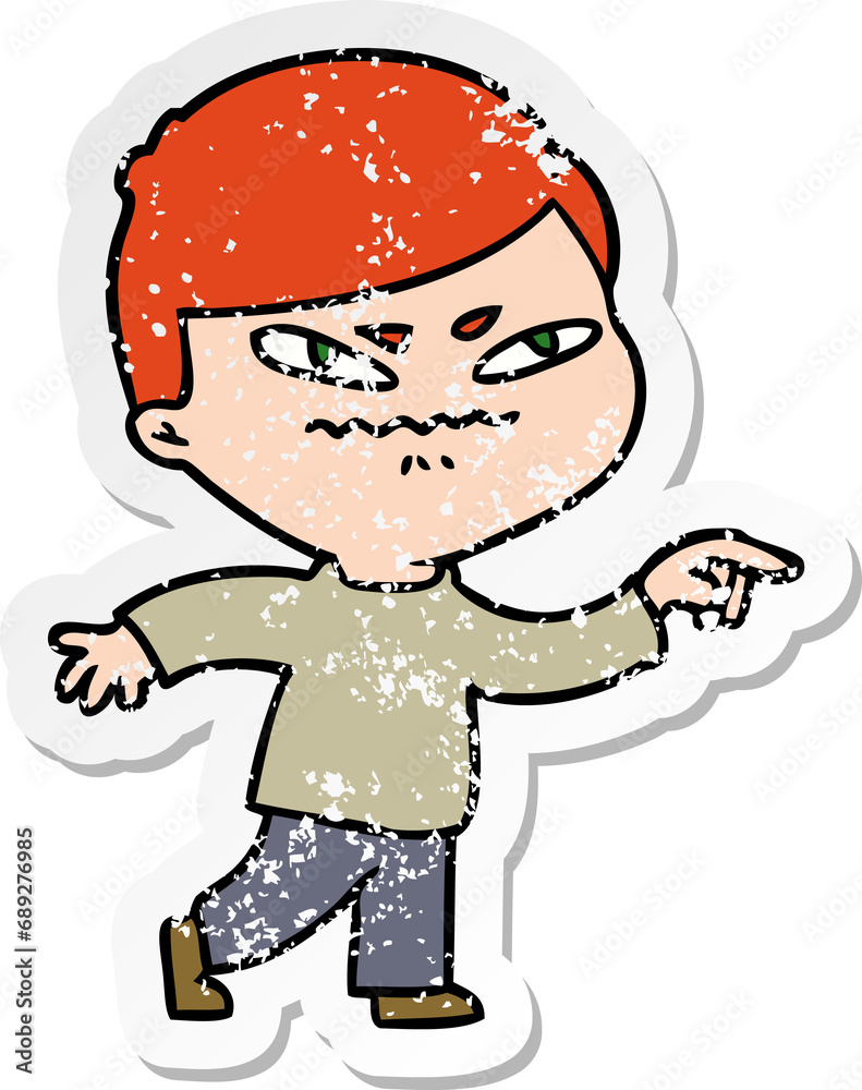 distressed sticker of a cartoon angry man pointing distressed sticker of a cartoon angry man pointing