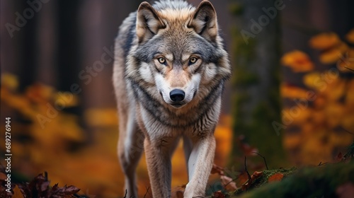 A wolf is perched in the woods.