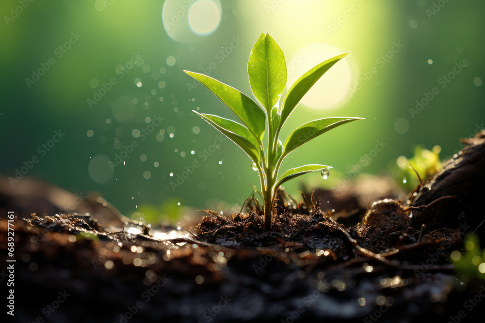 Green shoots that grow from fertile soil. Generative AI. - obrazy, fototapety, plakaty 