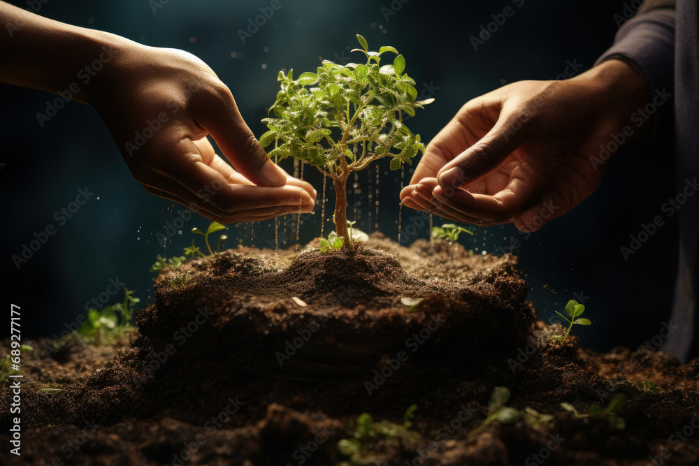 Fototapeta premium Close-up of a hand caring for a sprouting young plant. Generative AI.