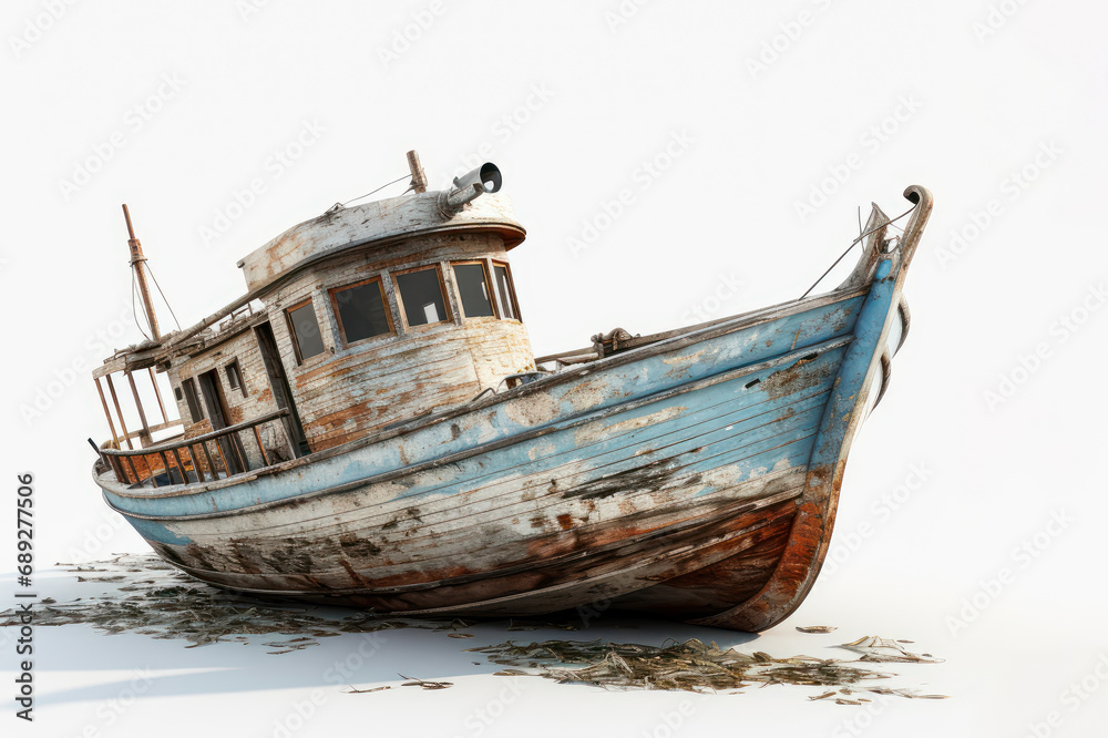 Small wooden boat abandoned on the beach. Generative AI.
