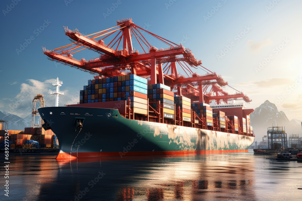 Fototapeta premium Large container ship docking in the port. Generative AI.