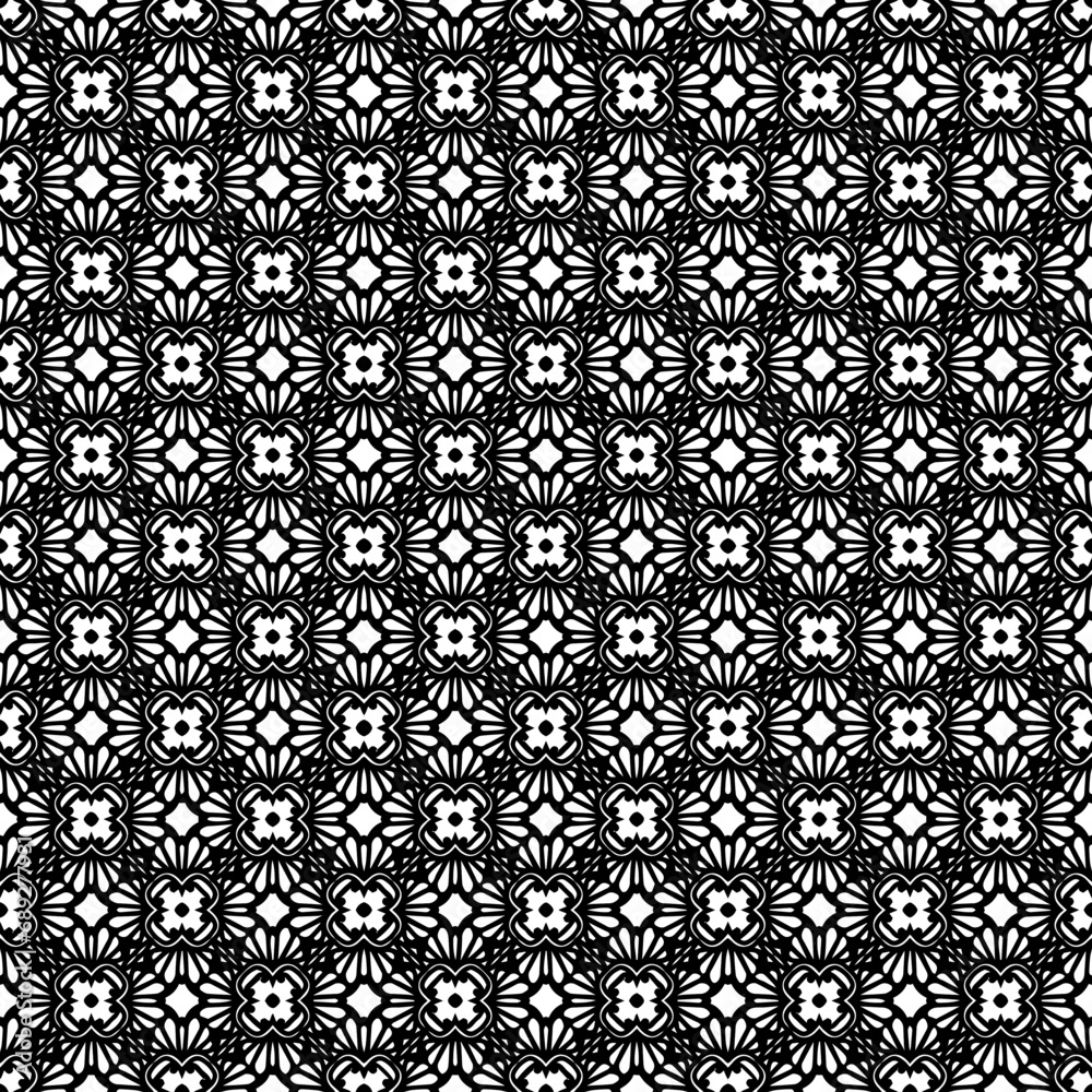 Black and white seamless abstract pattern. Background and backdrop. Grayscale ornamental design. Mosaic ornaments. Vector graphic illustration. EPS10.