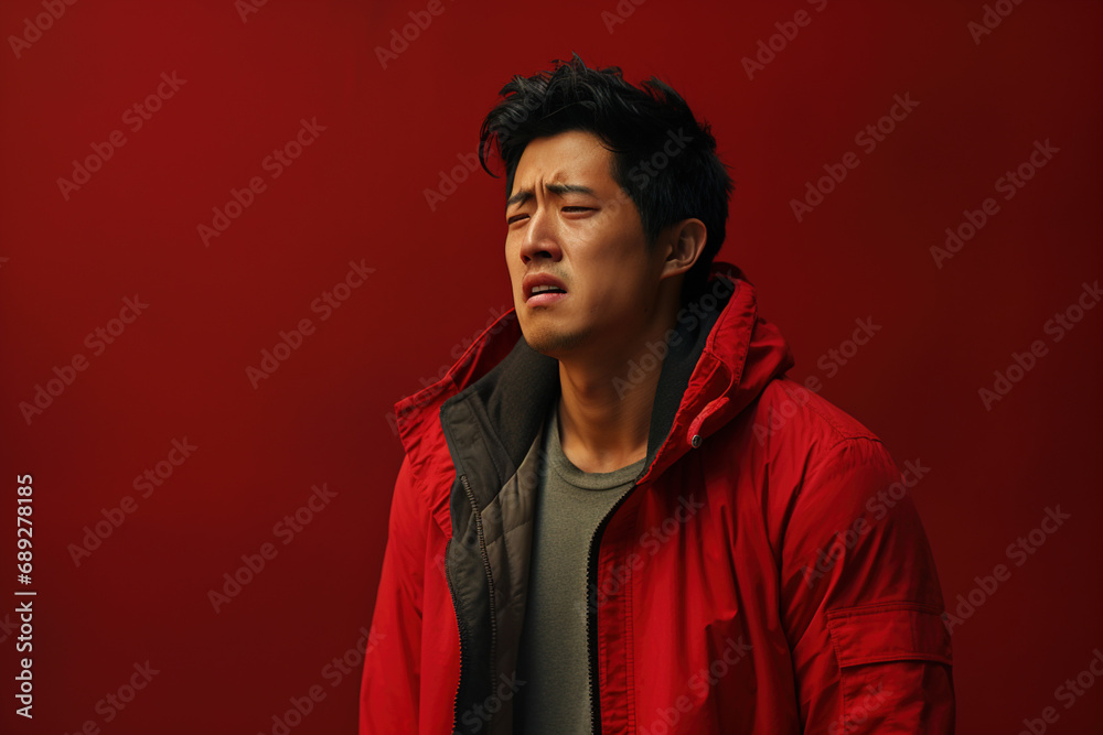 A Japanese man in a red jacket closes his eyes and almost cries on a burgundy background. Concept of psychological states.