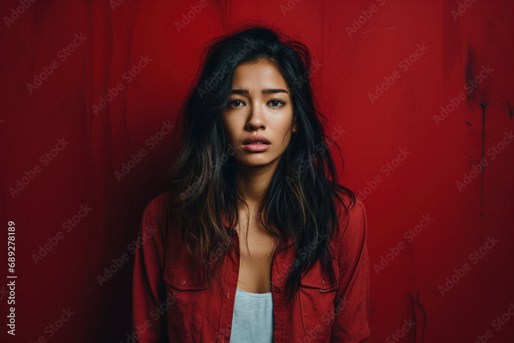 A Japanese-looking girl with loose hair looks sadly and anxiously at the camera against a dark red background. Concept of psychological states. A Japanese-looking girl with loose hair looks sadly and anxiously at the camera against a dark red background. Concept of psychological states.