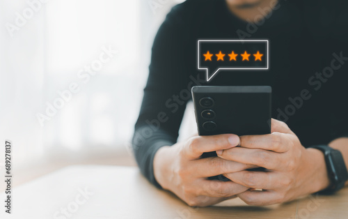 Satisfaction survey concept. Customer services best excellent business rating experience. user give rating to service experience on online application.