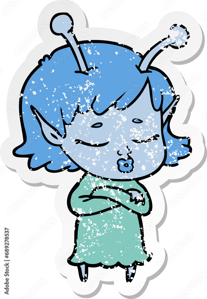 distressed sticker of a cute alien girl cartoon distressed sticker of a cute alien girl cartoon