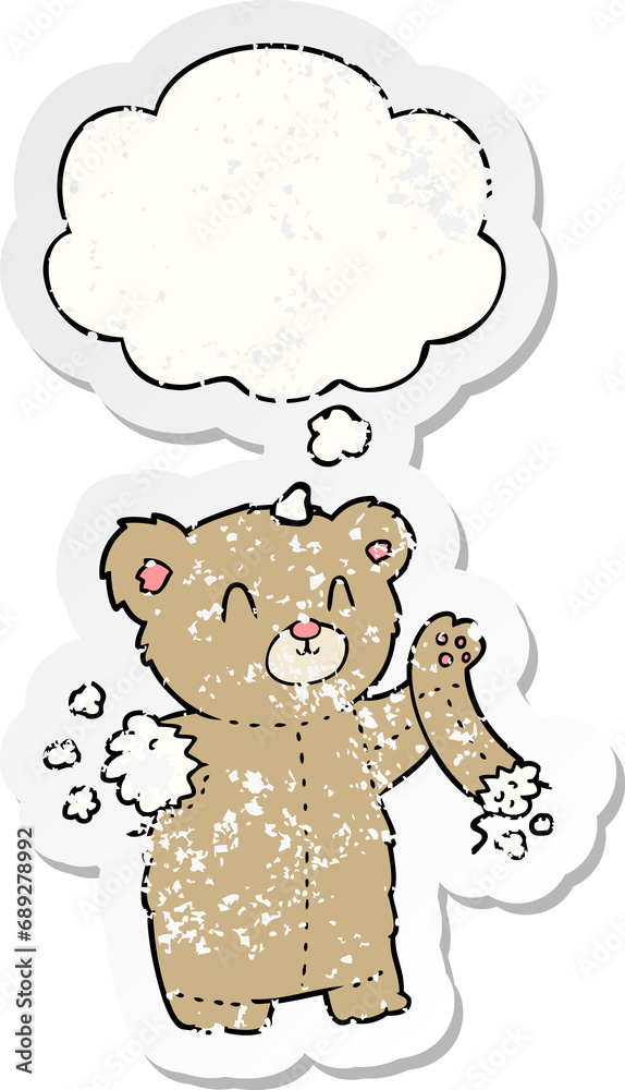 Fototapeta premium cartoon teddy bear with torn arm with thought bubble as a distressed worn sticker