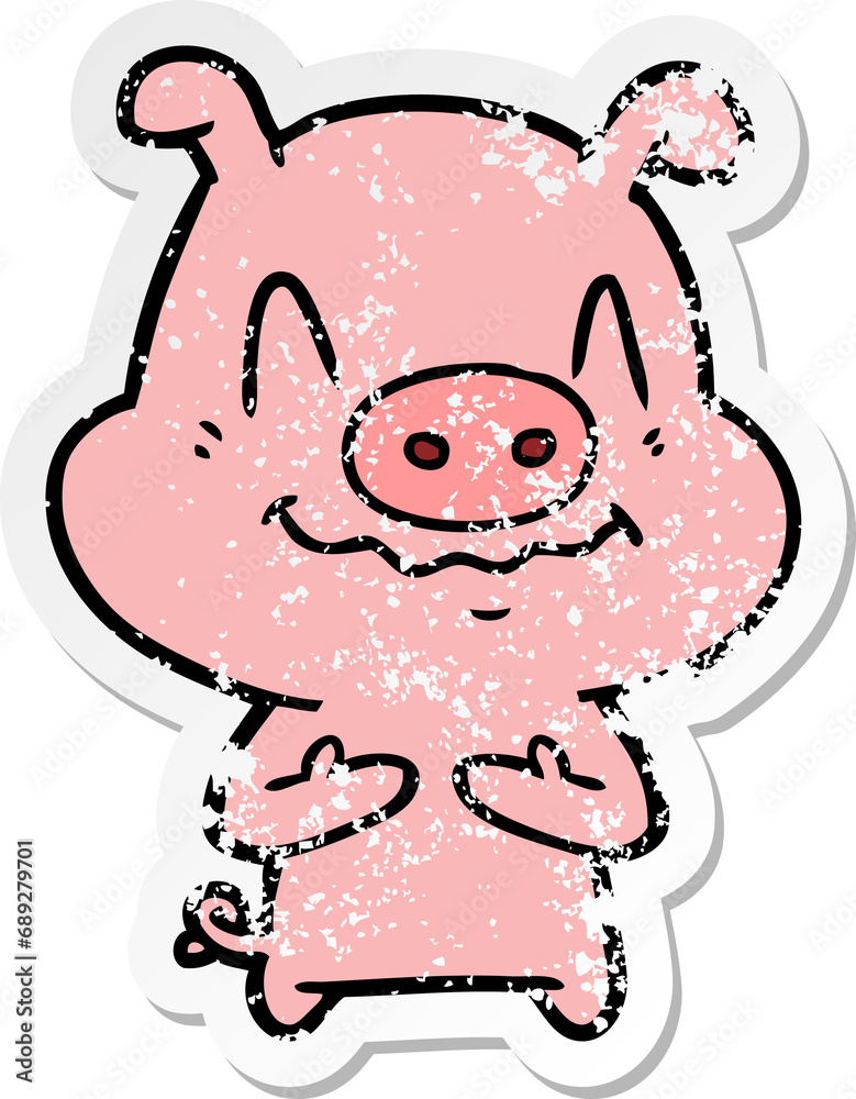 distressed sticker of a nervous cartoon pig distressed sticker of a nervous cartoon pig