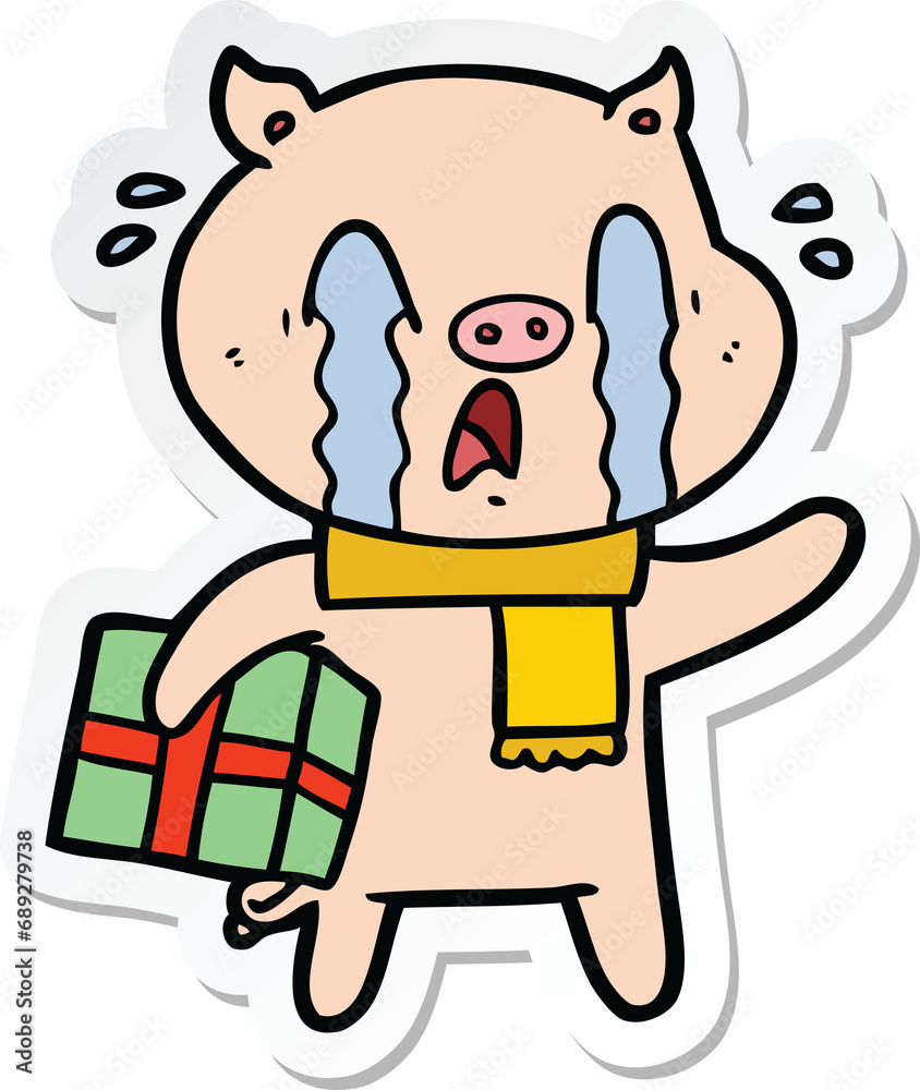 sticker of a crying pig cartoon delivering christmas present sticker of a crying pig cartoon delivering christmas present
