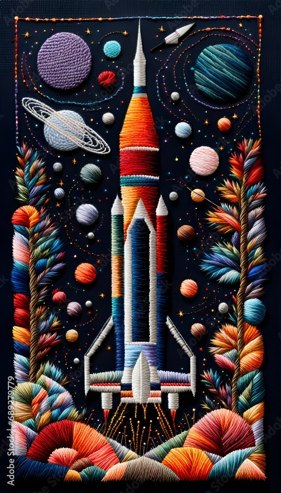 Fototapeta premium Galaxy Space Rocket Universe Sky Embroidered Pattern