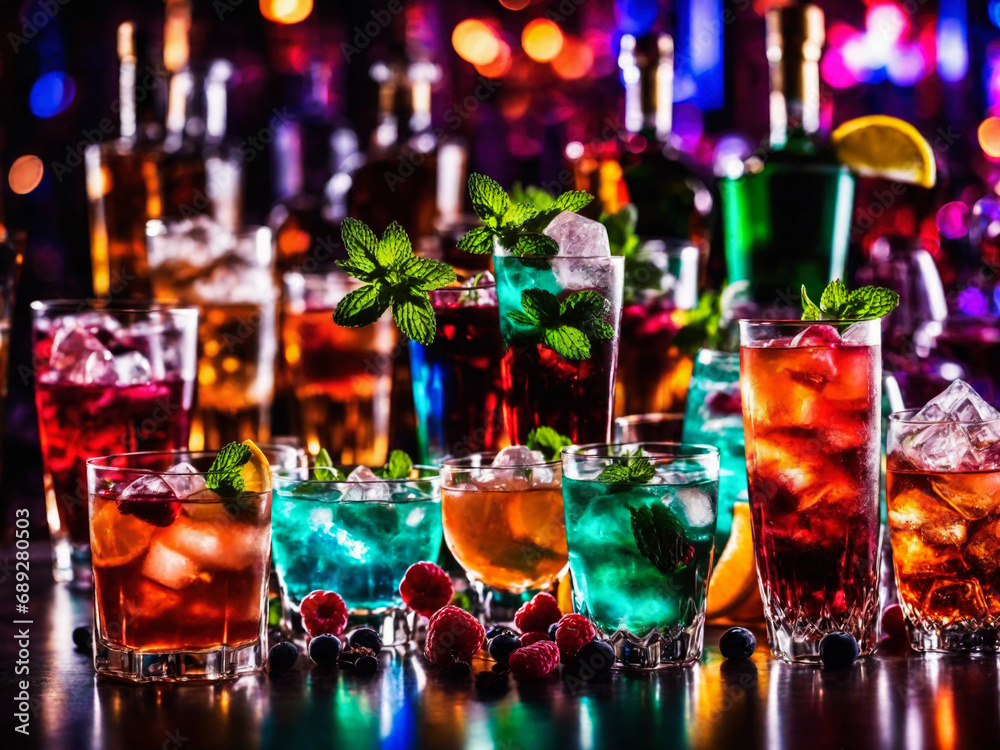 Many different refreshing colorful fruit cocktails with ice, lemon, mint and berries on a bar counter, night club party with soft drinks Many different refreshing colorful fruit cocktails with ice, lemon, mint and berries on a bar counter, night club party with soft drinks