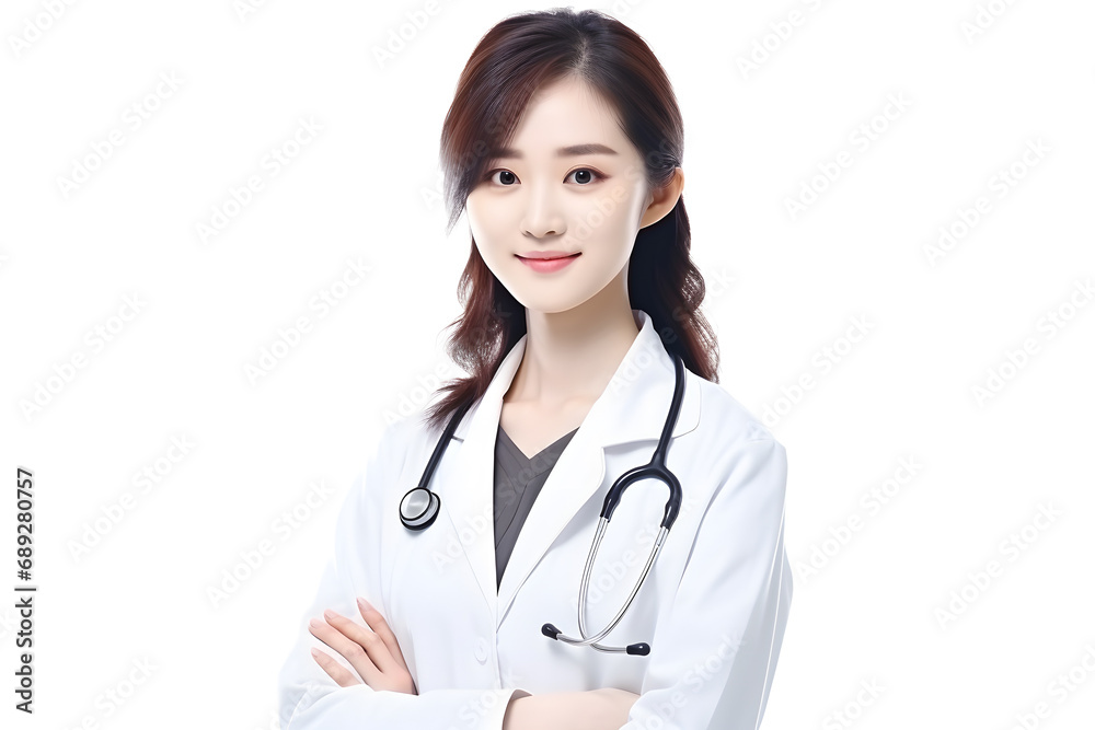 Portrait of Asian woman doctor in uniform and stethoscope on white background. Portrait of Asian woman doctor in uniform and stethoscope on white background.