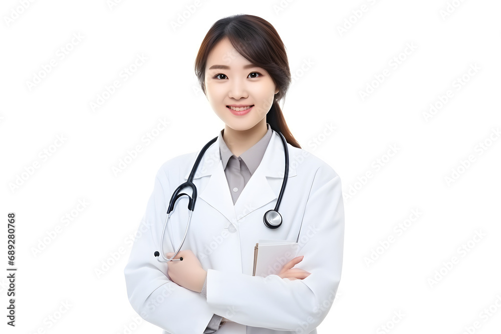 Portrait of Asian woman doctor in uniform and stethoscope on white background. Portrait of Asian woman doctor in uniform and stethoscope on white background.