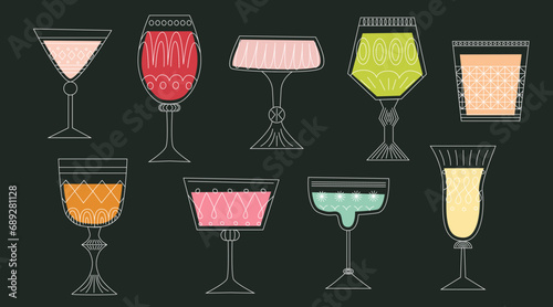 Set of alcoholic cocktails in glasses of different shapes.  Drinks in different types of vintage glasses. Line art vector illustration. Cartoon retro style
