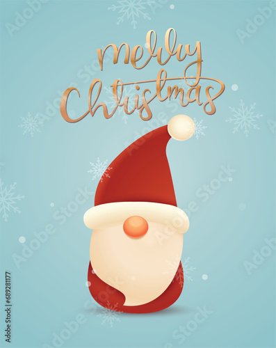 Merry Christmas greeting card design with a cute dwarf. Vector illustration.