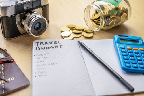 Notebook with Travel Budget and expense list, and next to it camera, glasses, money, calculator. Travel expenses.

