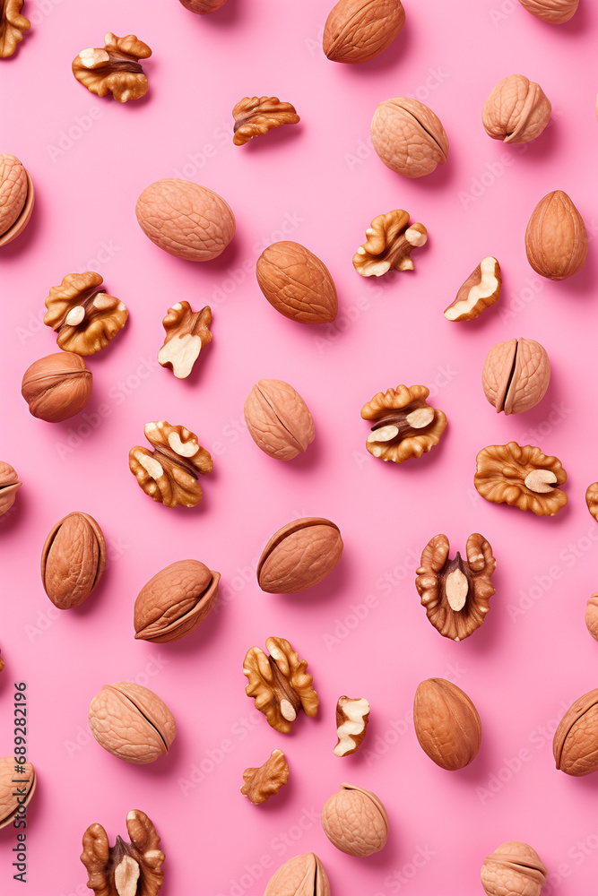 Flat lay pattern with nuts and almonds on a pink background.Minimal concept. Flat lay pattern with nuts and almonds on a pink background.Minimal concept.