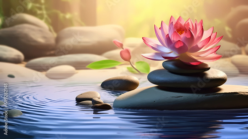 Lotus Flower With Spa Stones In Rock Garden PPT background