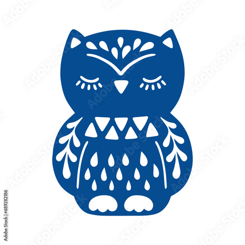 Vector illustration of patterned animal in Nordic style hygge. Silhouette of owl in folk style isolated on white background