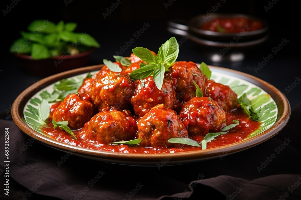 a plate of meatballs in tomato sauce on a dark background