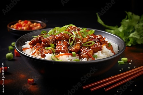 a bowl full of meats over rice and toppings, a bowl of rice with chopsticks and sauce