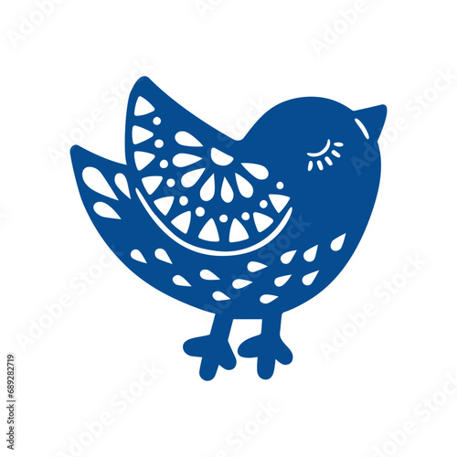 Vector illustration of patterned animal in Nordic style hygge. Silhouette of bird in folk style isolated on white background