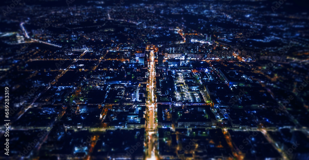 Night city with drone view - obrazy, fototapety, plakaty 
