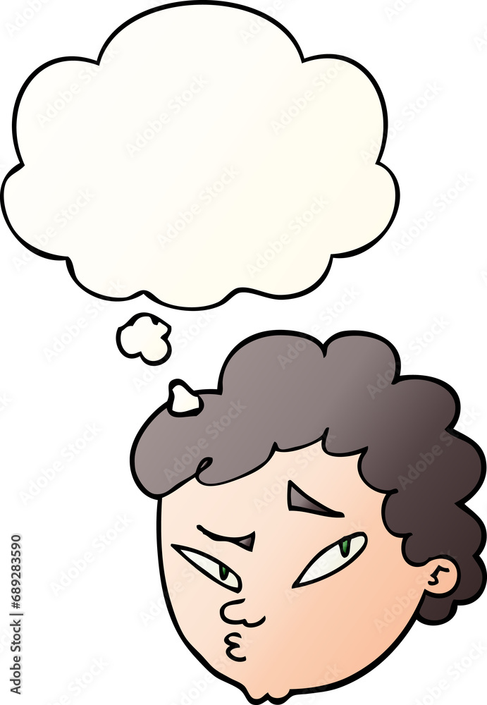 cartoon suspicious man with thought bubble in smooth gradient style