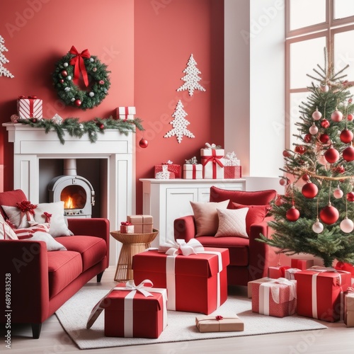 Red and spacious domestic living room decorated with Christmas fir tree and pastel holiday decor