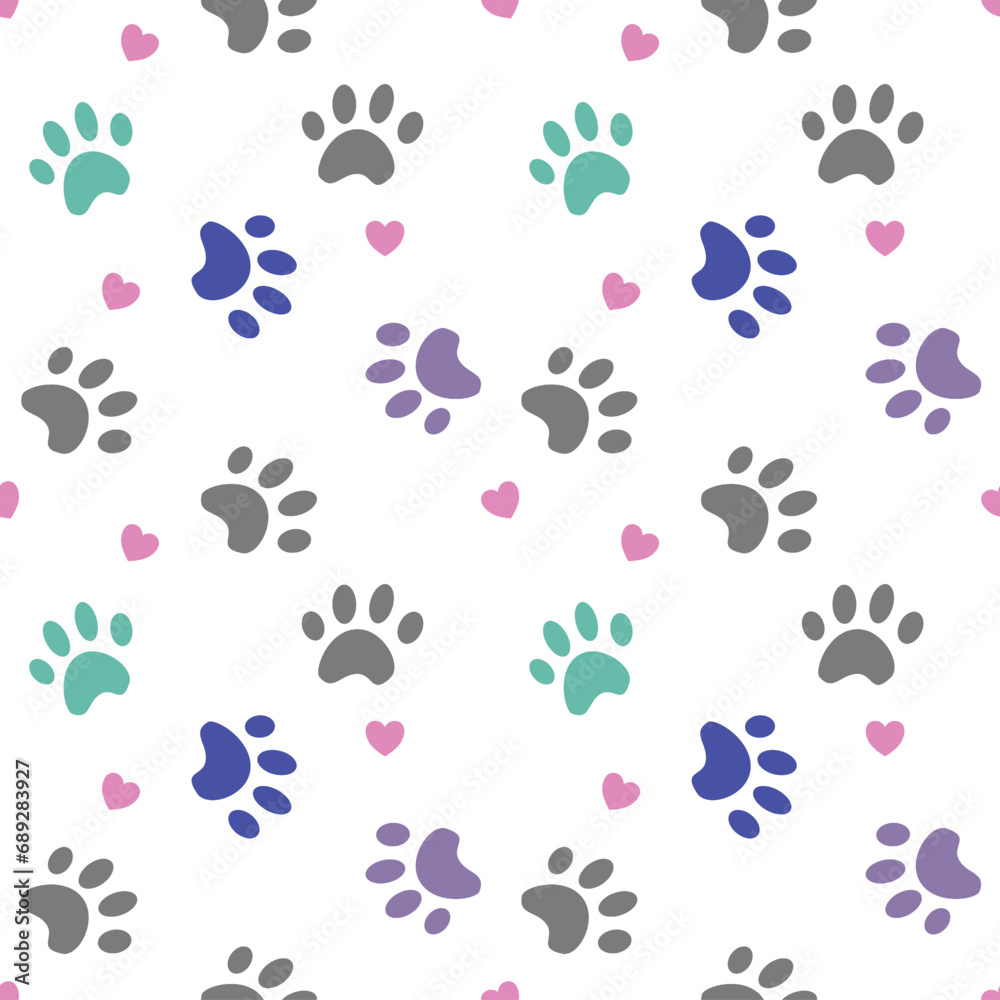 Fototapeta premium Paw cat and pet background. Traces of Pets. Paw vector foot trail print of Cat. Kitty Paw background and wallpaper vector. seamless pattern wallpaper.