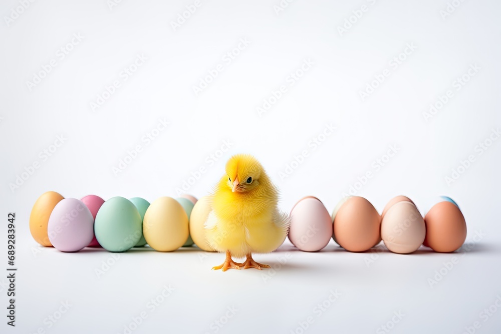 Easter composition on a white background, chicken and colored eggs