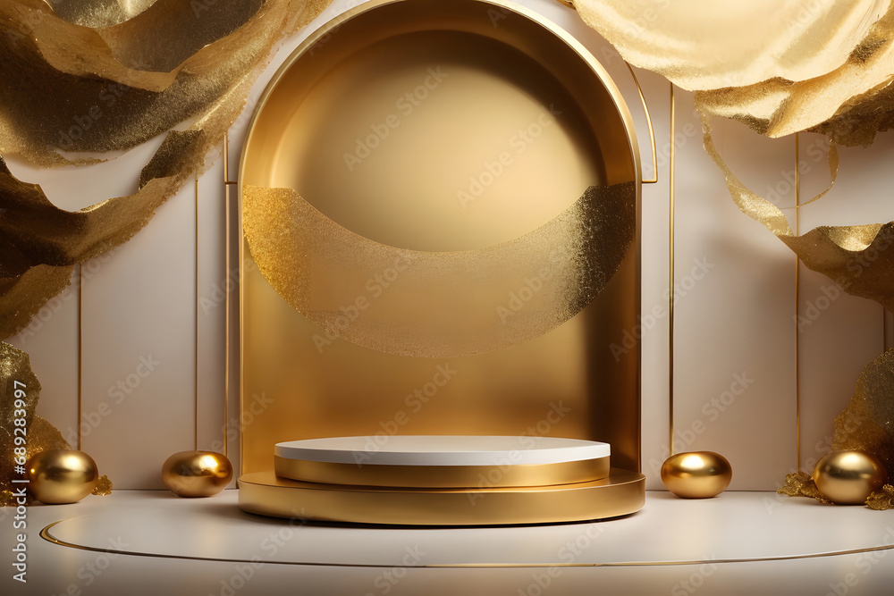 3d render, abstract minimal geometric forms. Glossy golden luxury podium for your design, cosmetic product display