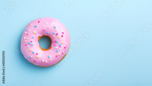 Donuts in pink glaze on a blue background photo
