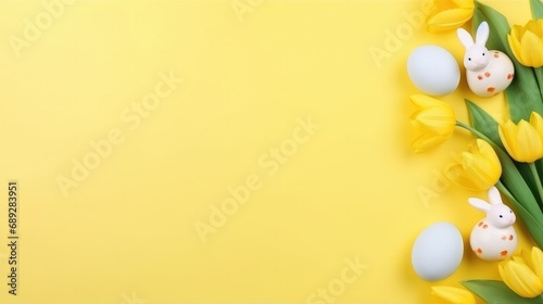Bright Easter background, yellow background eggs flowers plants grass