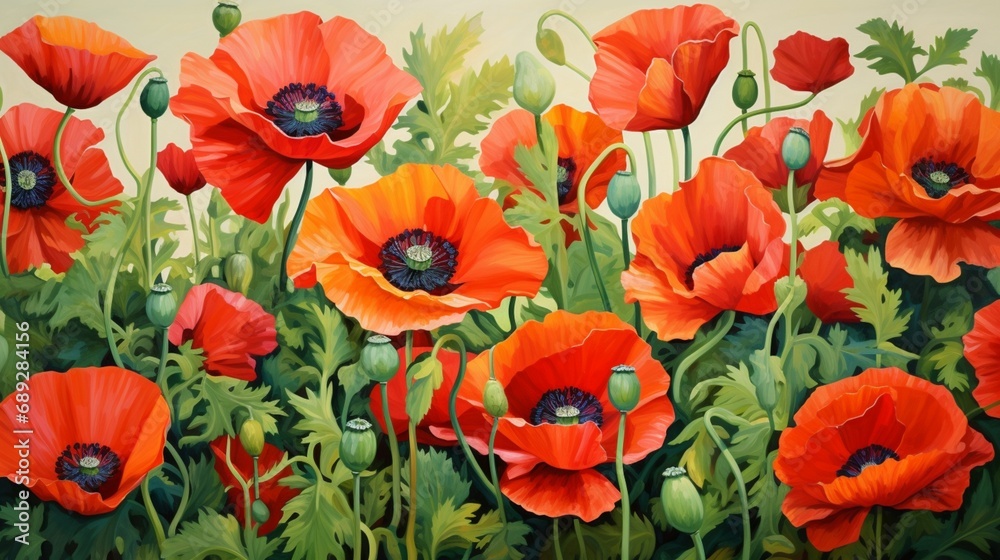 A garden filled with vibrant poppies, their bold red petals standing out against green foliage