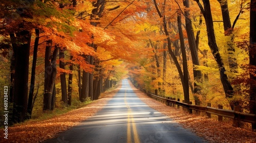 A country road disappearing into the distance amid fall colors photo