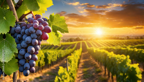 Grapes growing in a vineyard at the sunset background 