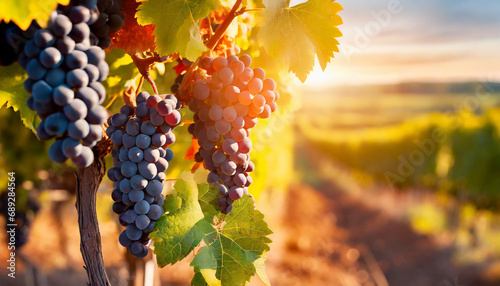 Grapes growing in a vineyard at the sunset background