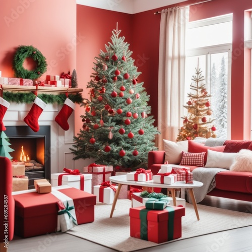 Red and spacious domestic living room decorated with Christmas fir tree and pastel holiday decor