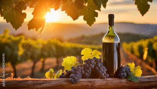 Grapes growing in a vineyard at the sunset background, wine bottle and vines.