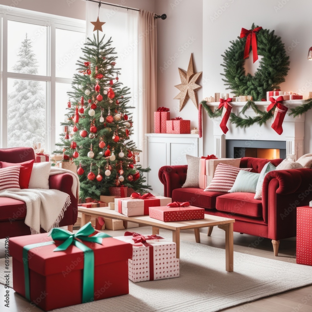 Red and spacious domestic living room decorated with Christmas fir tree and pastel holiday decor